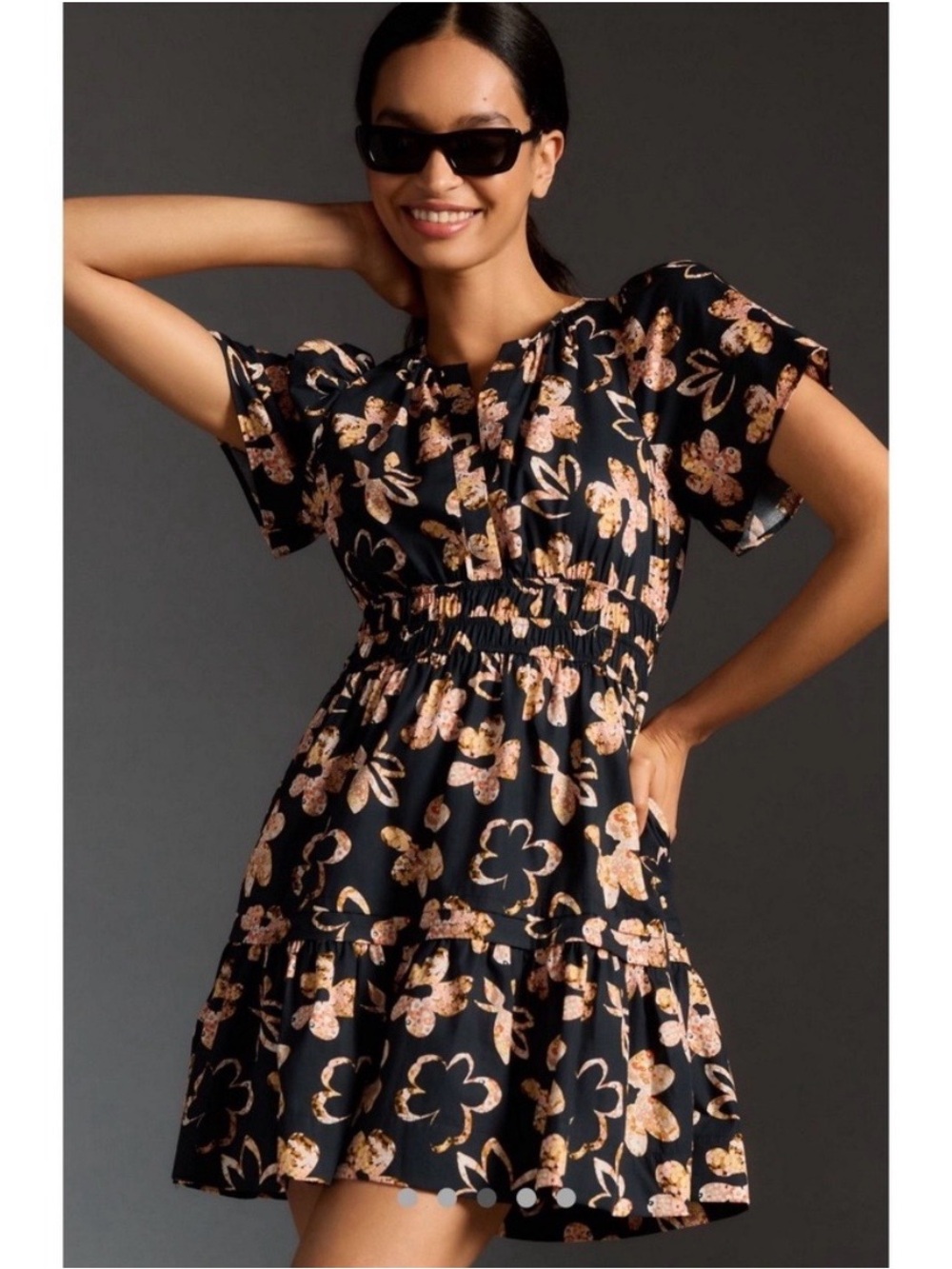 Anthropologie Black Mini Dress with Peach Floral Print